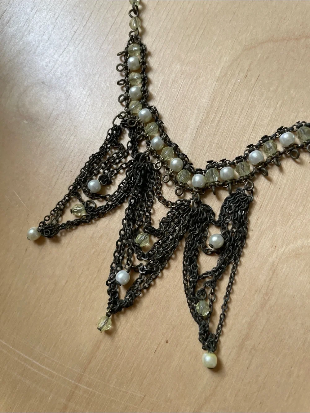 Vintage-Inspired Bronze Chain Choker Necklace -Light Chartreuse and Cream Beads